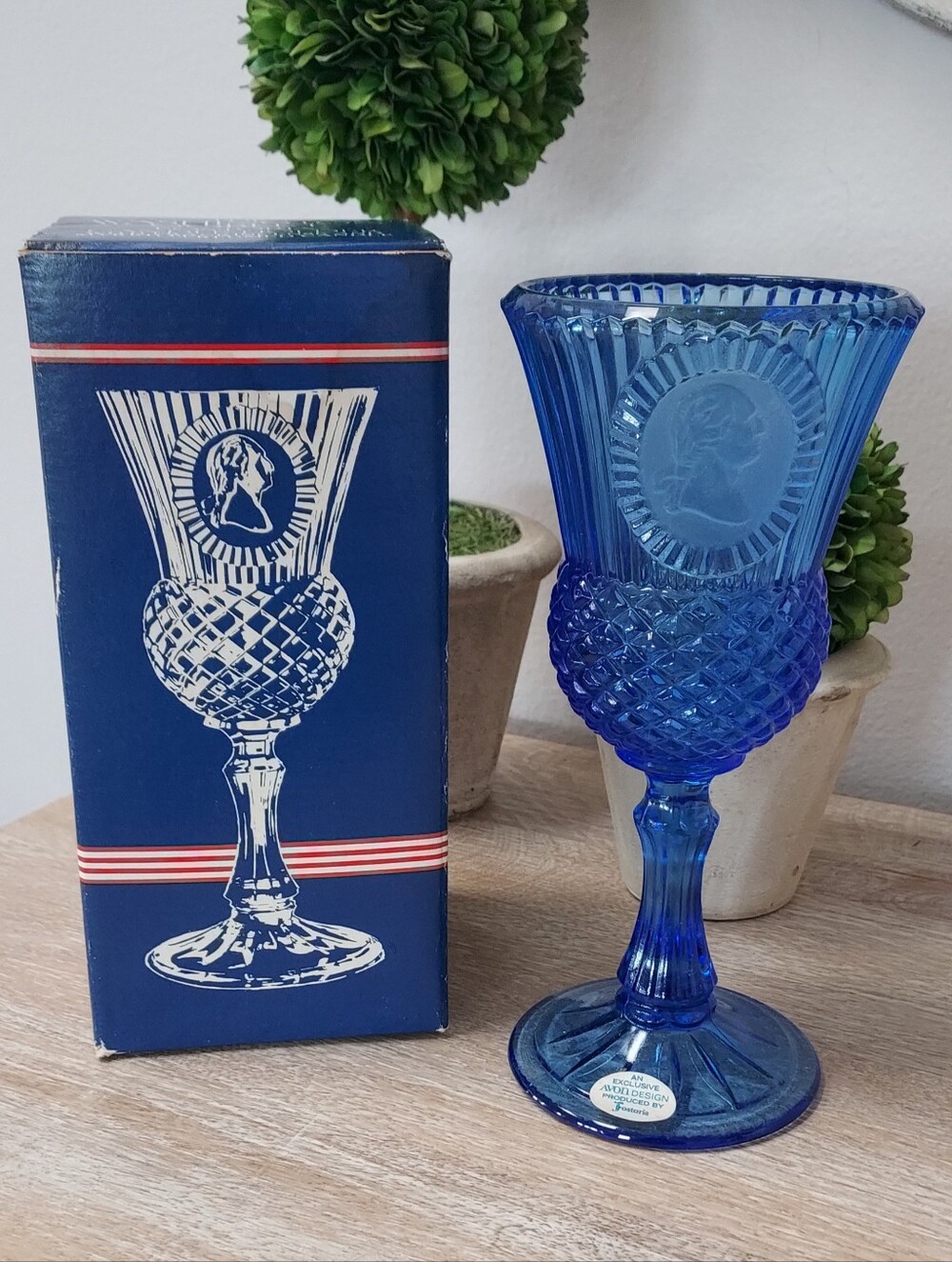 📣Vintage Avon George Washington Goblet Candle Holder Blue Glass